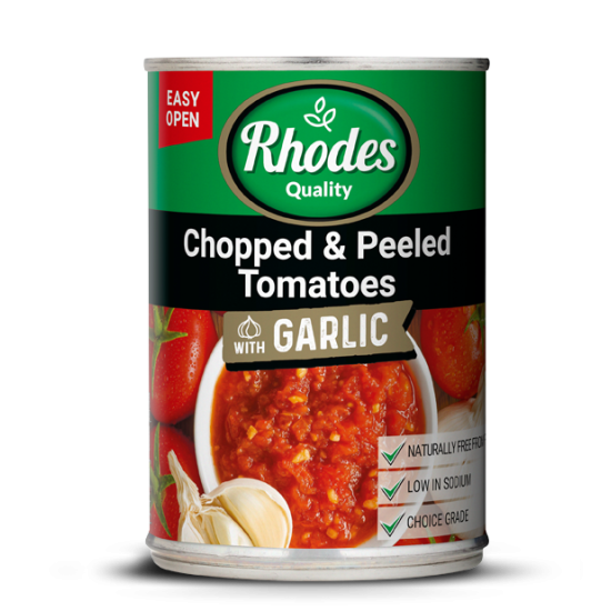 RHODES CHOPPED PEELED TOM W GARLIC 410GR